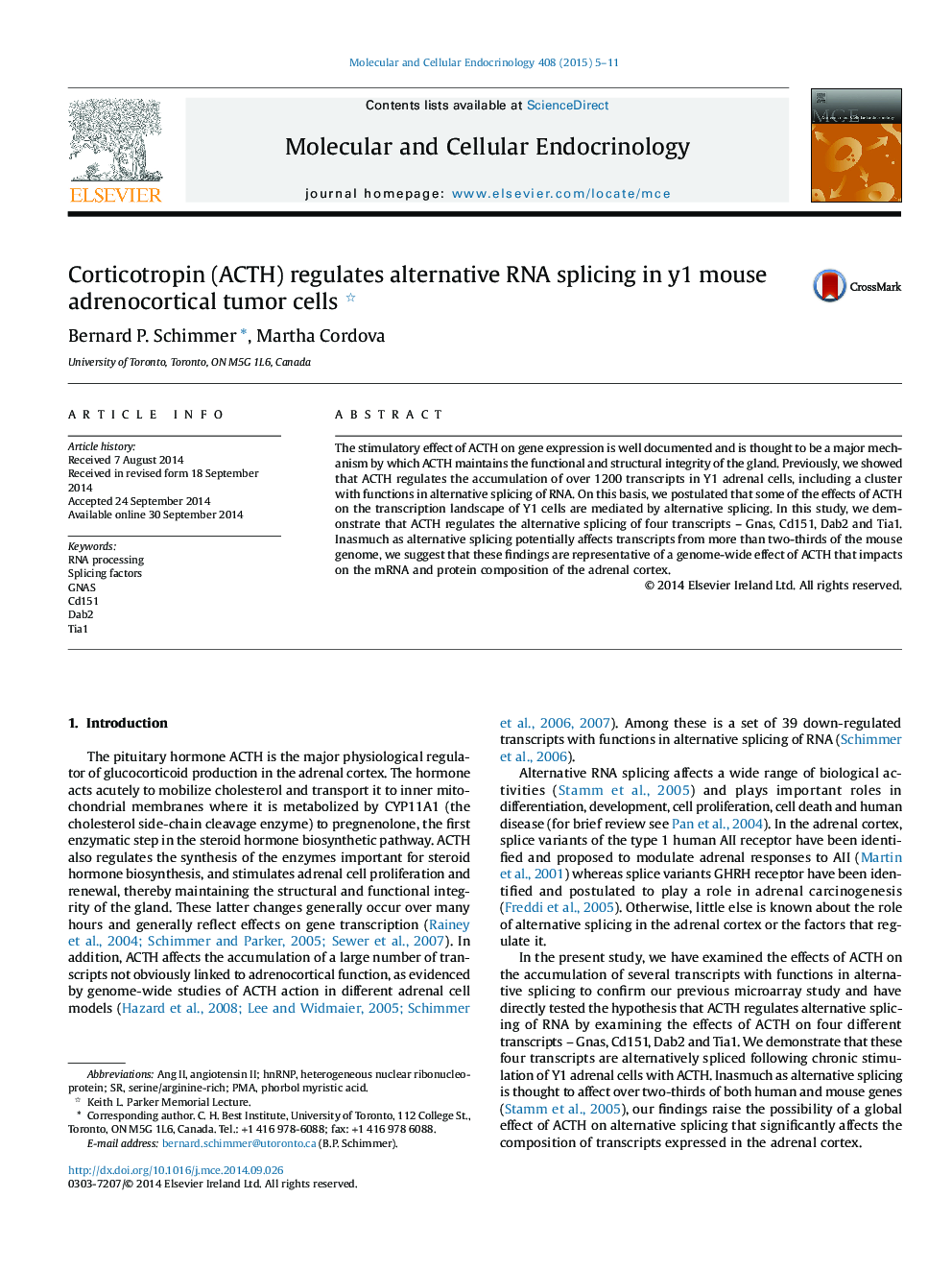 Corticotropin (ACTH) regulates alternative RNA splicing in y1 mouse adrenocortical tumor cells 