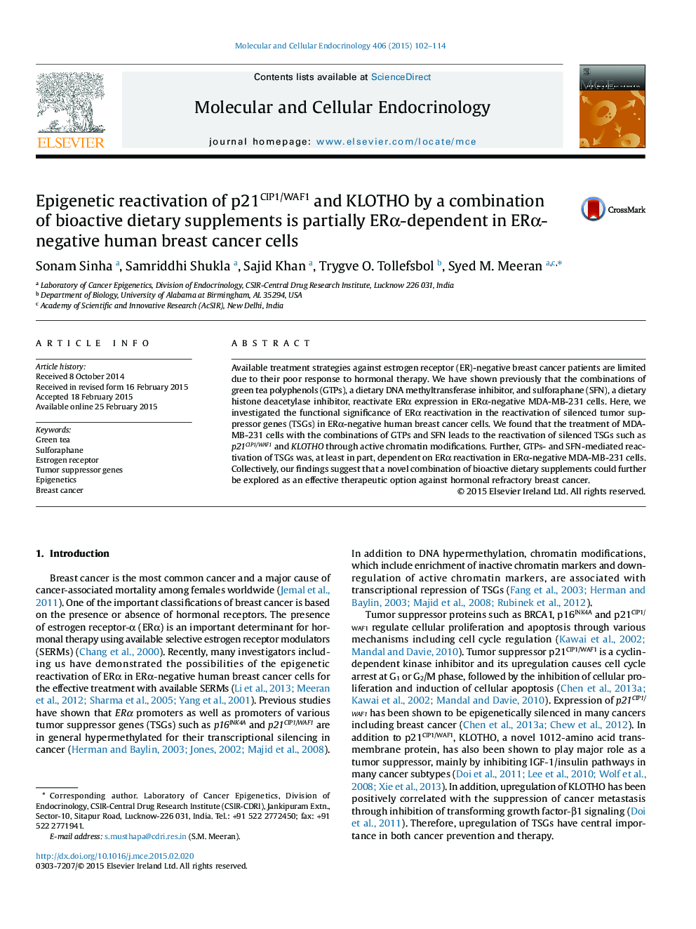 Epigenetic reactivation of p21CIP1/WAF1 and KLOTHO by a combination of bioactive dietary supplements is partially ERα-dependent in ERα-negative human breast cancer cells