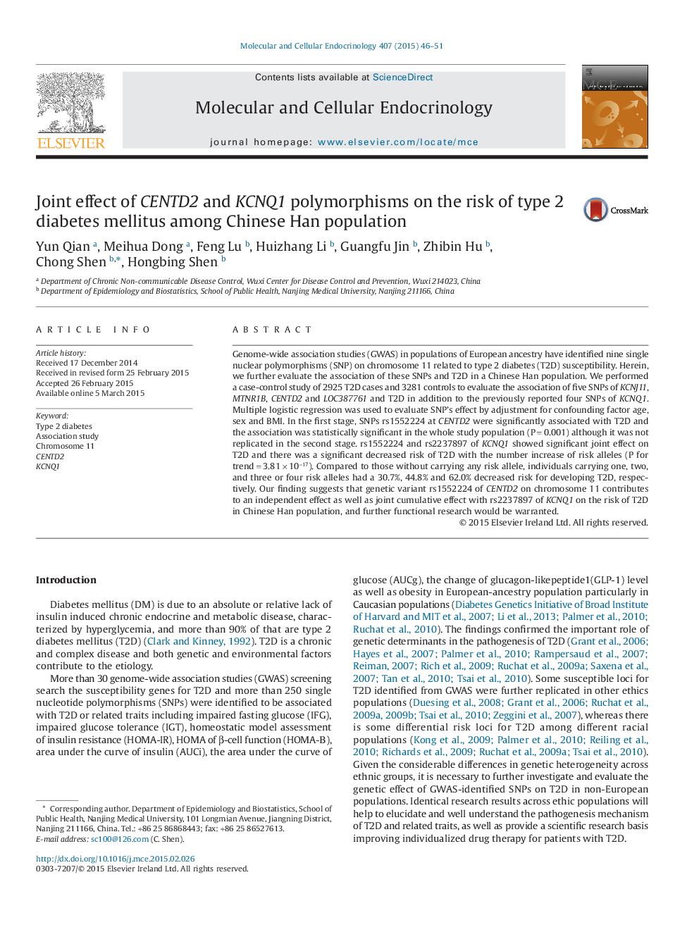 Joint effect of CENTD2 and KCNQ1 polymorphisms on the risk of type 2 diabetes mellitus among Chinese Han population