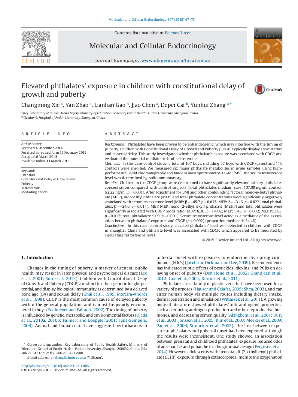 Elevated phthalates' exposure in children with constitutional delay of growth and puberty