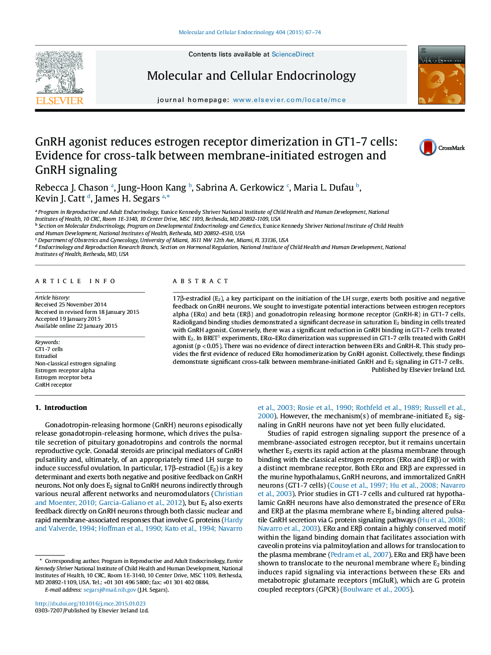 GnRH agonist reduces estrogen receptor dimerization in GT1-7 cells: Evidence for cross-talk between membrane-initiated estrogen and GnRH signaling