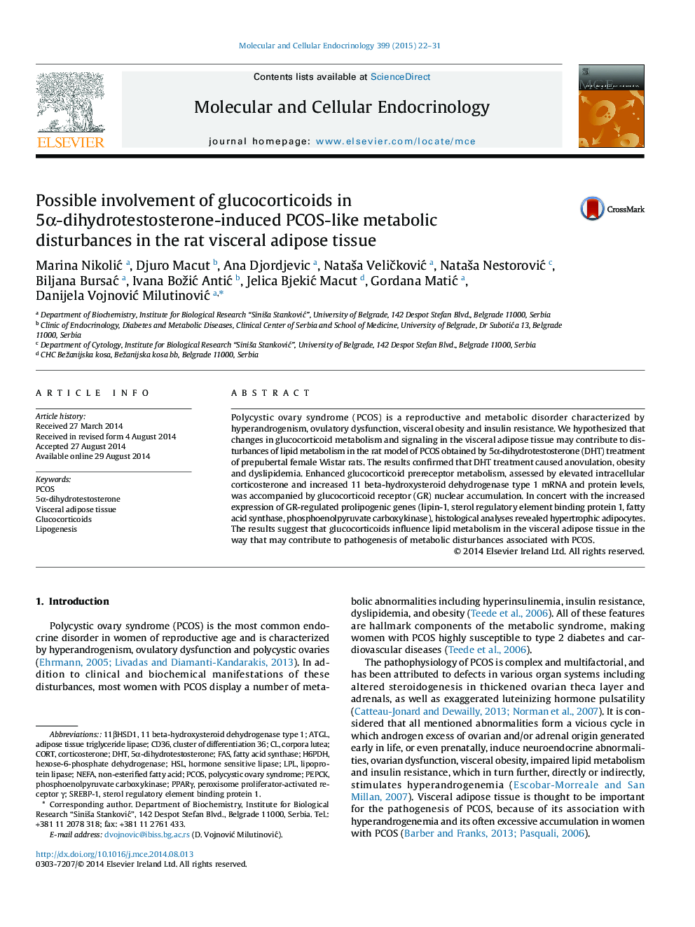 Possible involvement of glucocorticoids in 5α-dihydrotestosterone-induced PCOS-like metabolic disturbances in the rat visceral adipose tissue