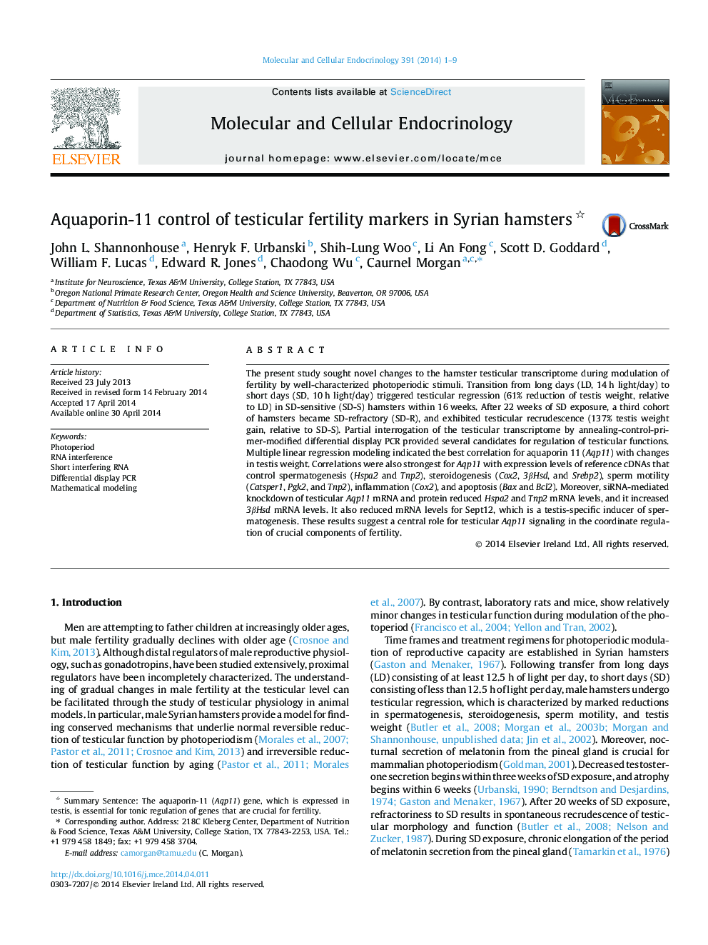 Aquaporin-11 control of testicular fertility markers in Syrian hamsters 