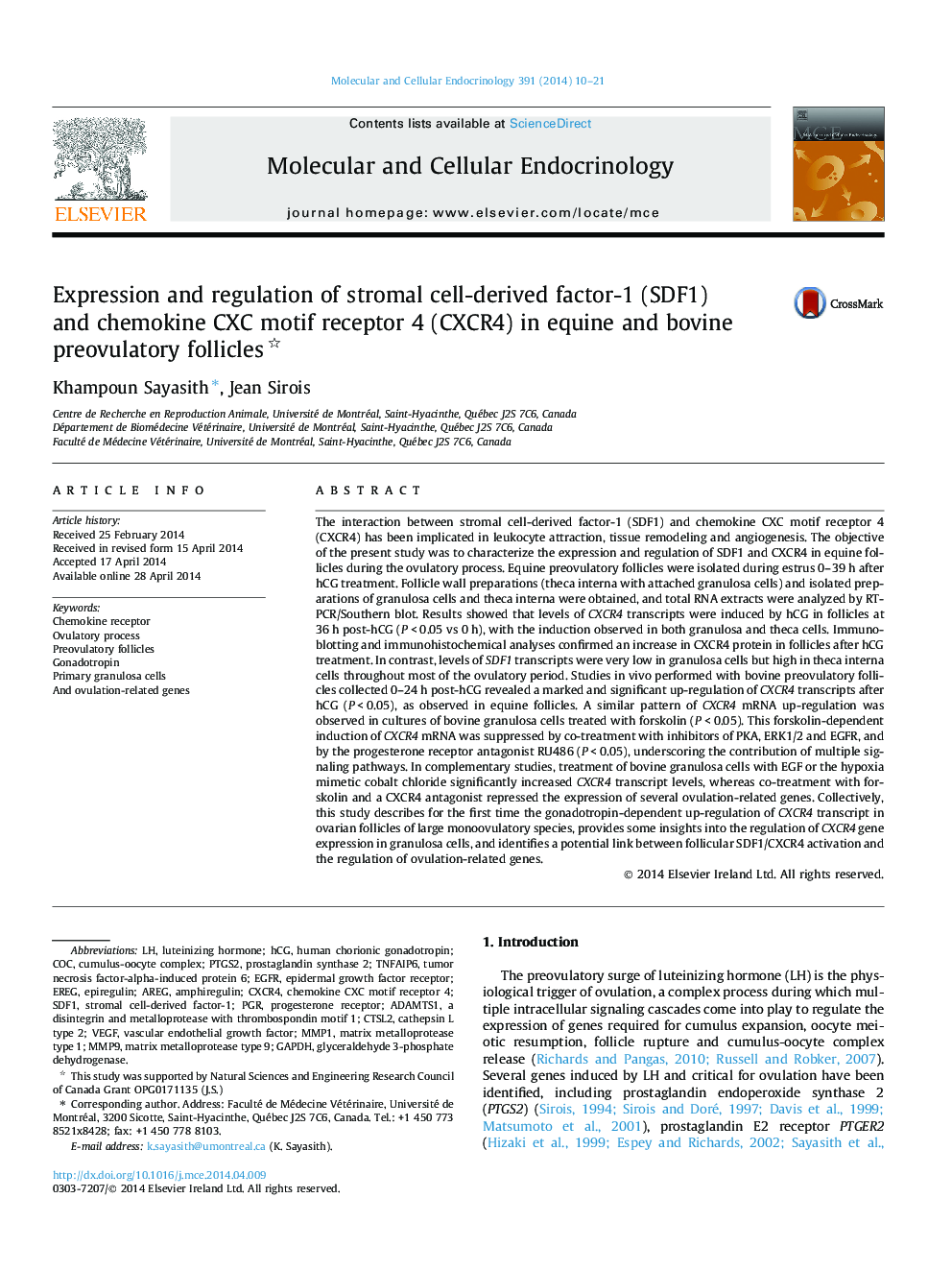 Expression and regulation of stromal cell-derived factor-1 (SDF1) and chemokine CXC motif receptor 4 (CXCR4) in equine and bovine preovulatory follicles 