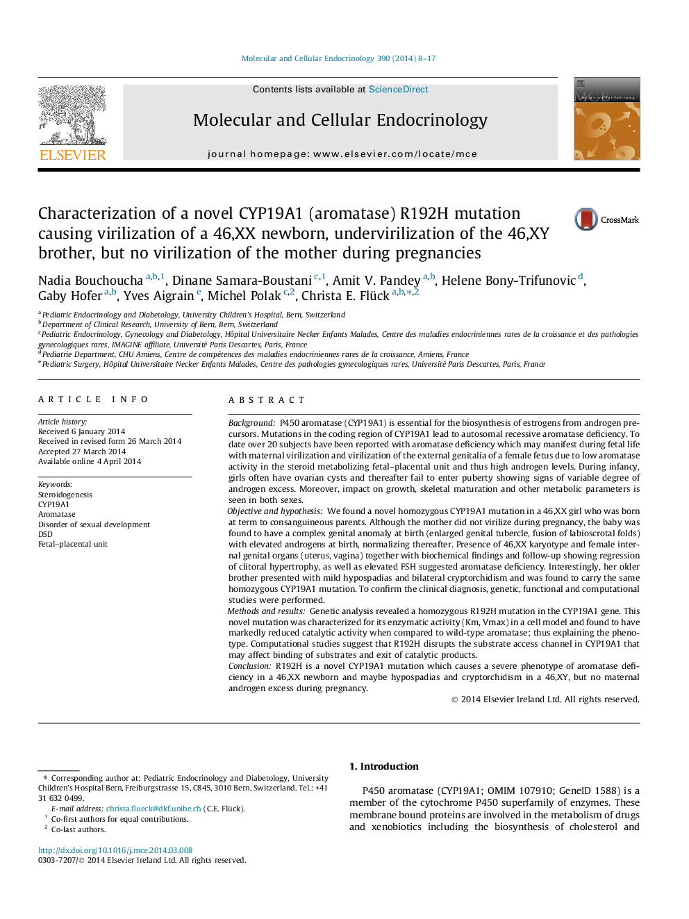 Characterization of a novel CYP19A1 (aromatase) R192H mutation causing virilization of a 46,XX newborn, undervirilization of the 46,XY brother, but no virilization of the mother during pregnancies