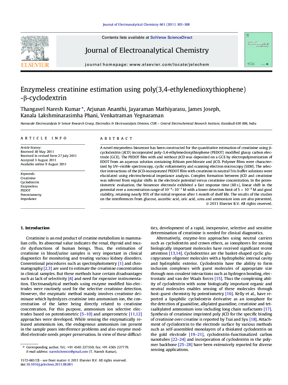 Enzymeless creatinine estimation using poly(3,4-ethylenedioxythiophene) -β-cyclodextrin