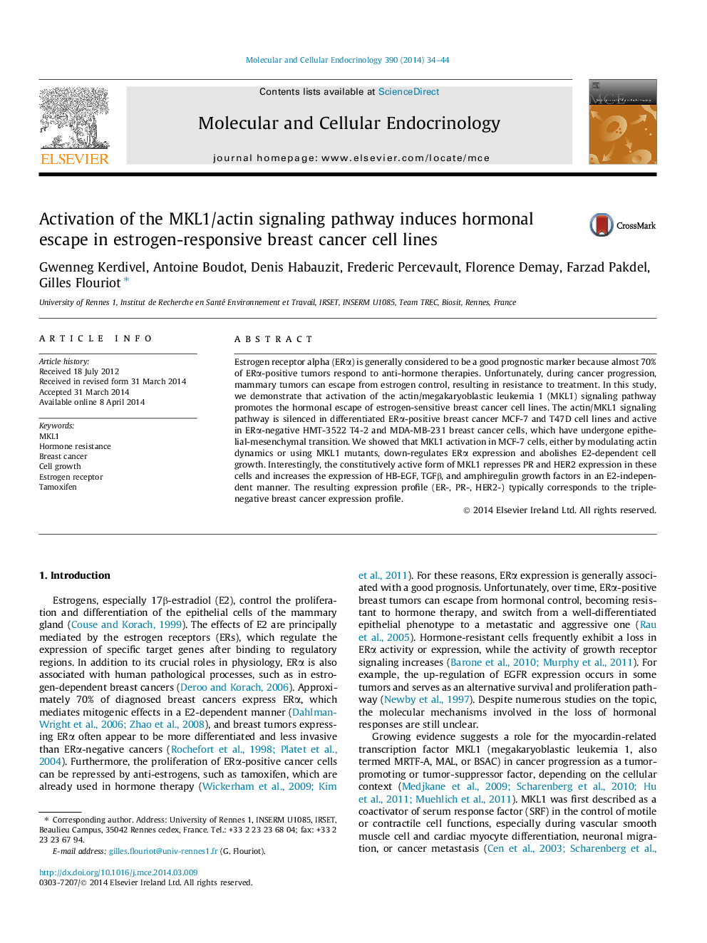 Activation of the MKL1/actin signaling pathway induces hormonal escape in estrogen-responsive breast cancer cell lines