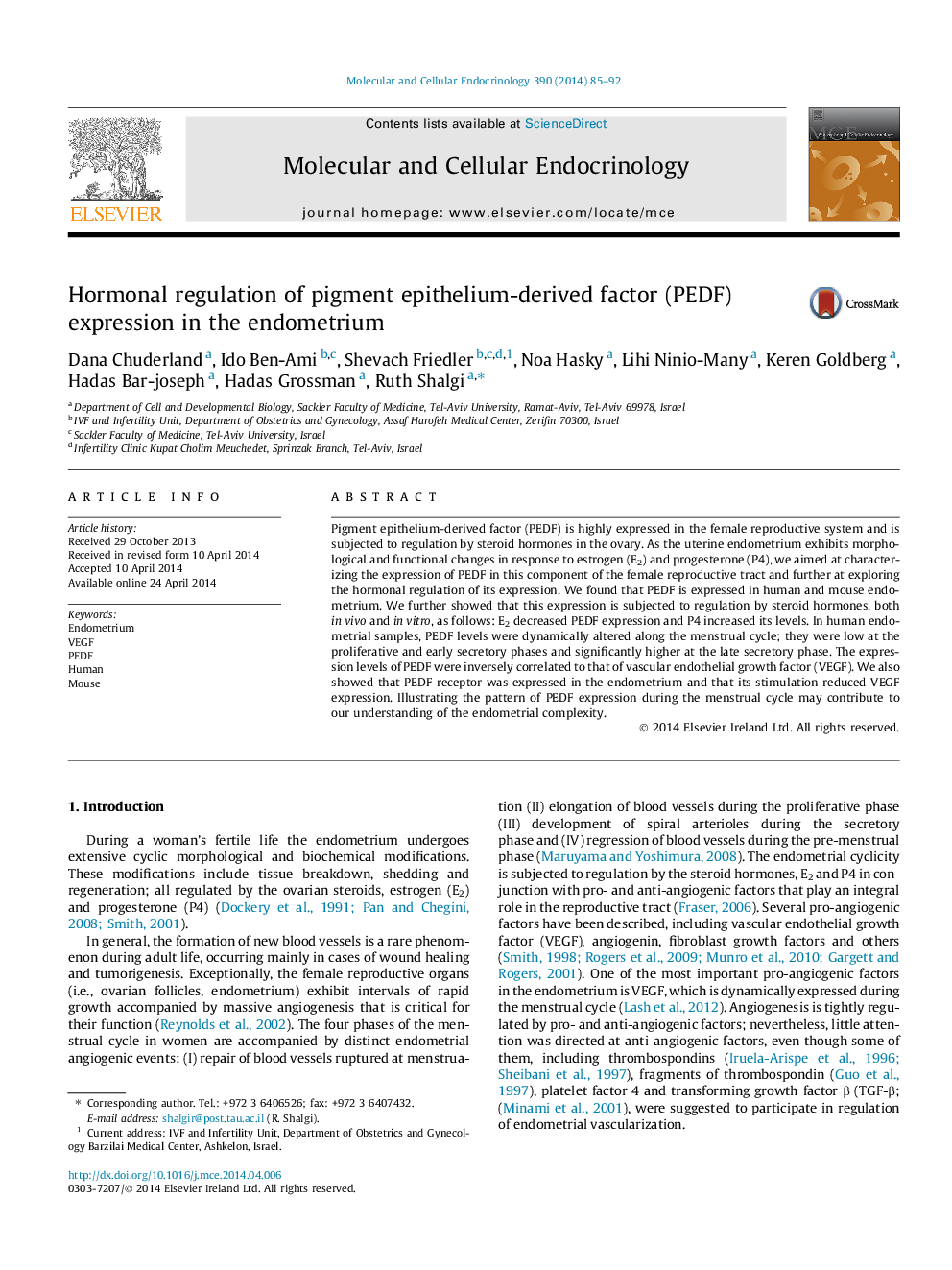 Hormonal regulation of pigment epithelium-derived factor (PEDF) expression in the endometrium