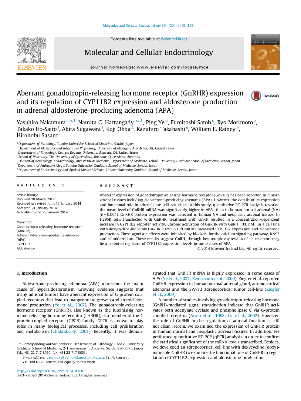 Aberrant gonadotropin-releasing hormone receptor (GnRHR) expression and its regulation of CYP11B2 expression and aldosterone production in adrenal aldosterone-producing adenoma (APA)