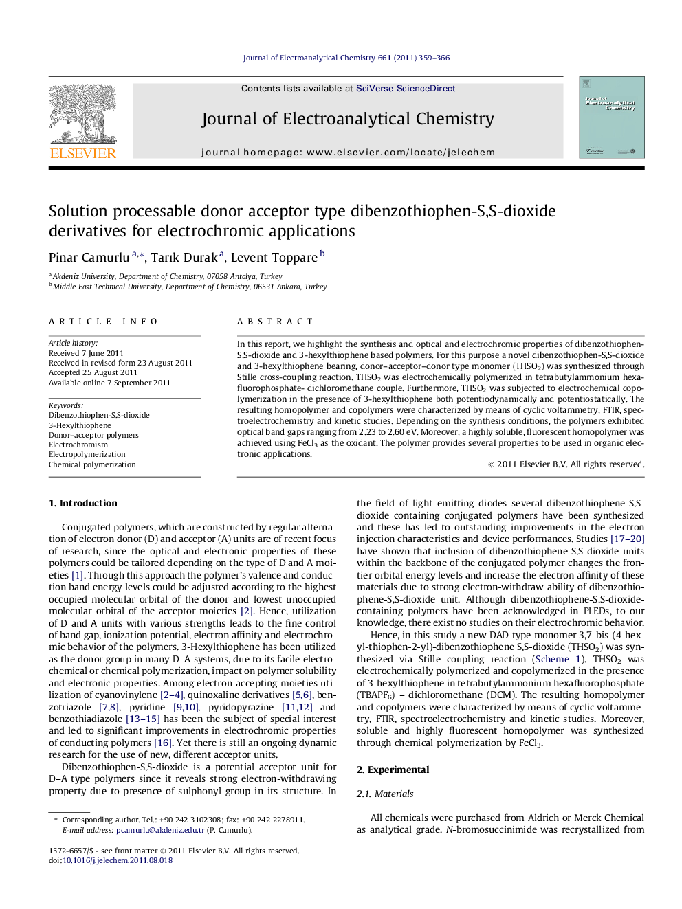 Solution processable donor acceptor type dibenzothiophen-S,S-dioxide derivatives for electrochromic applications