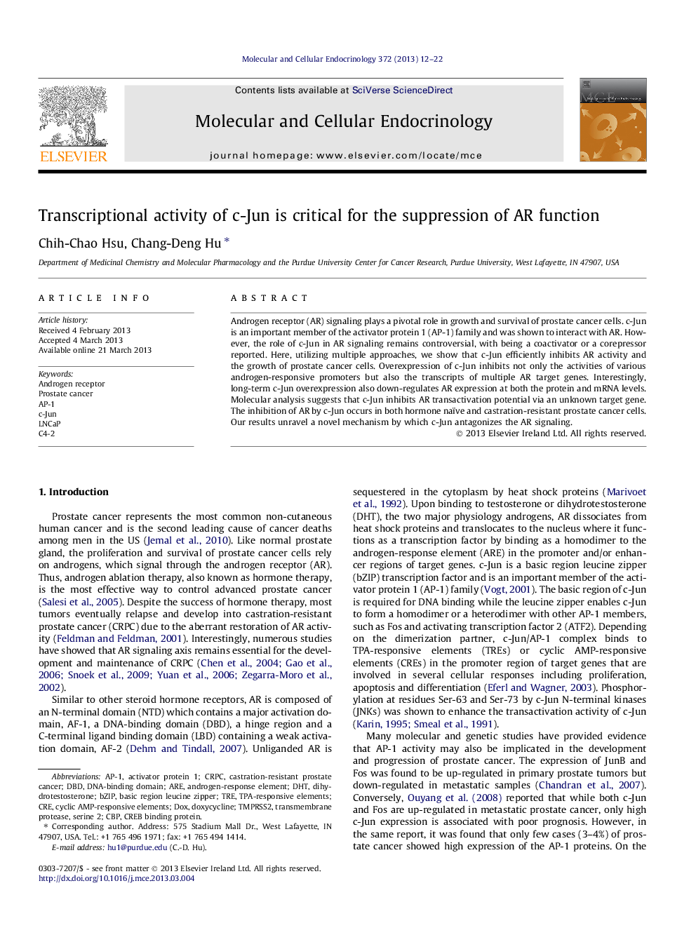 Transcriptional activity of c-Jun is critical for the suppression of AR function