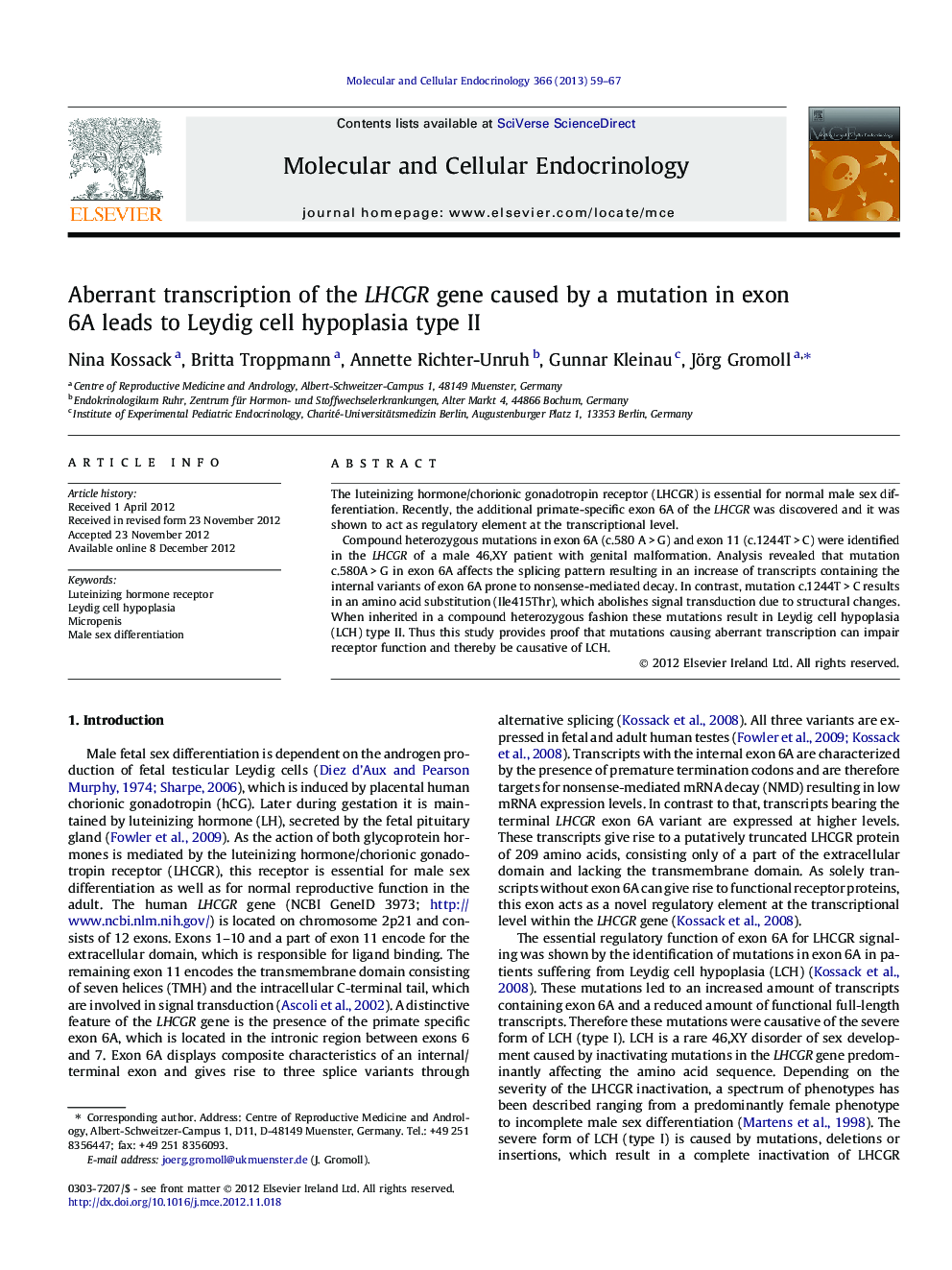 Aberrant transcription of the LHCGR gene caused by a mutation in exon 6A leads to Leydig cell hypoplasia type II