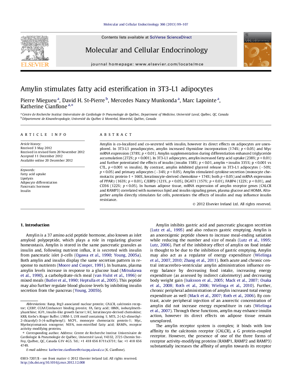 Amylin stimulates fatty acid esterification in 3T3-L1 adipocytes