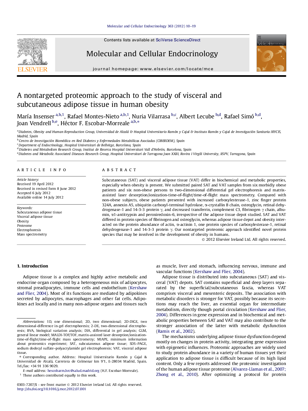 A nontargeted proteomic approach to the study of visceral and subcutaneous adipose tissue in human obesity