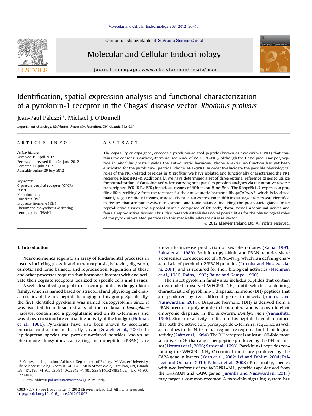 Identification, spatial expression analysis and functional characterization of a pyrokinin-1 receptor in the Chagas’ disease vector, Rhodnius prolixus