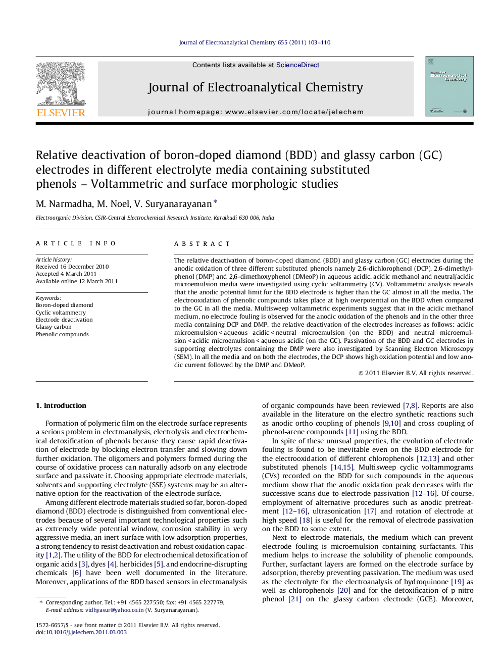 Relative deactivation of boron-doped diamond (BDD) and glassy carbon (GC) electrodes in different electrolyte media containing substituted phenols – Voltammetric and surface morphologic studies