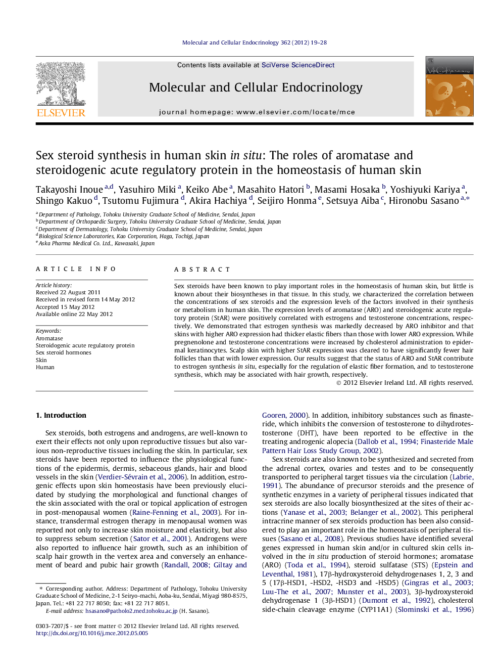 Sex steroid synthesis in human skin in situ: The roles of aromatase and steroidogenic acute regulatory protein in the homeostasis of human skin