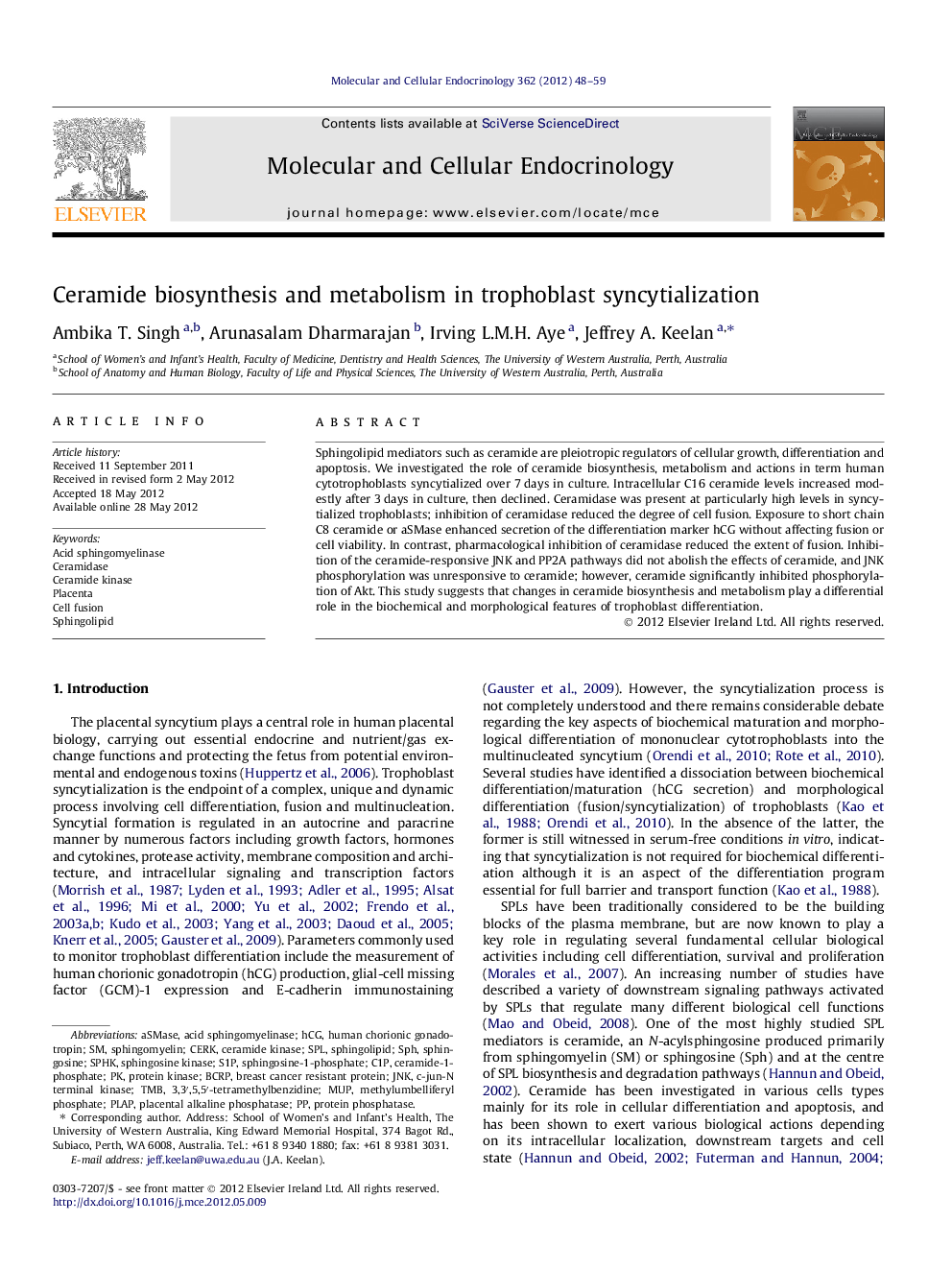 Ceramide biosynthesis and metabolism in trophoblast syncytialization