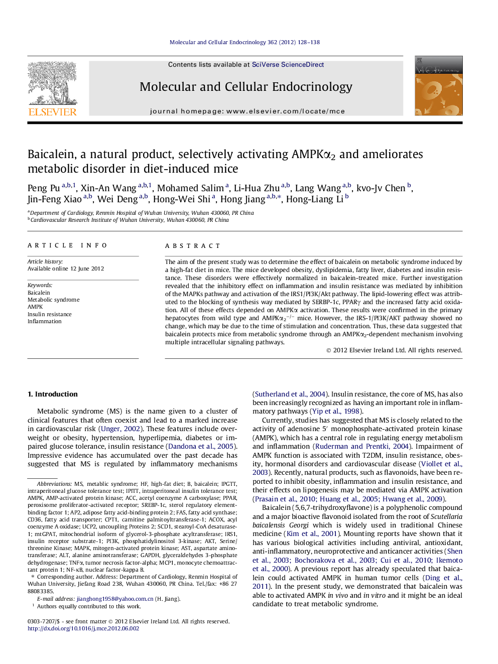 Baicalein, a natural product, selectively activating AMPKα2 and ameliorates metabolic disorder in diet-induced mice