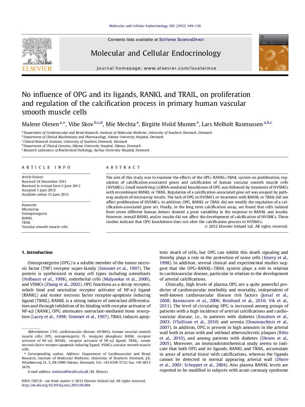 No influence of OPG and its ligands, RANKL and TRAIL, on proliferation and regulation of the calcification process in primary human vascular smooth muscle cells