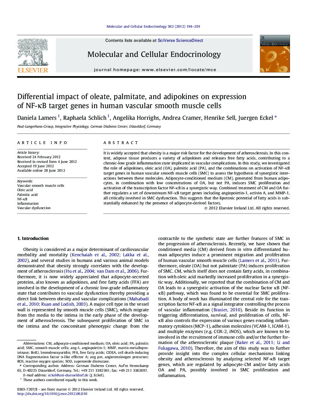 Differential impact of oleate, palmitate, and adipokines on expression of NF-κB target genes in human vascular smooth muscle cells