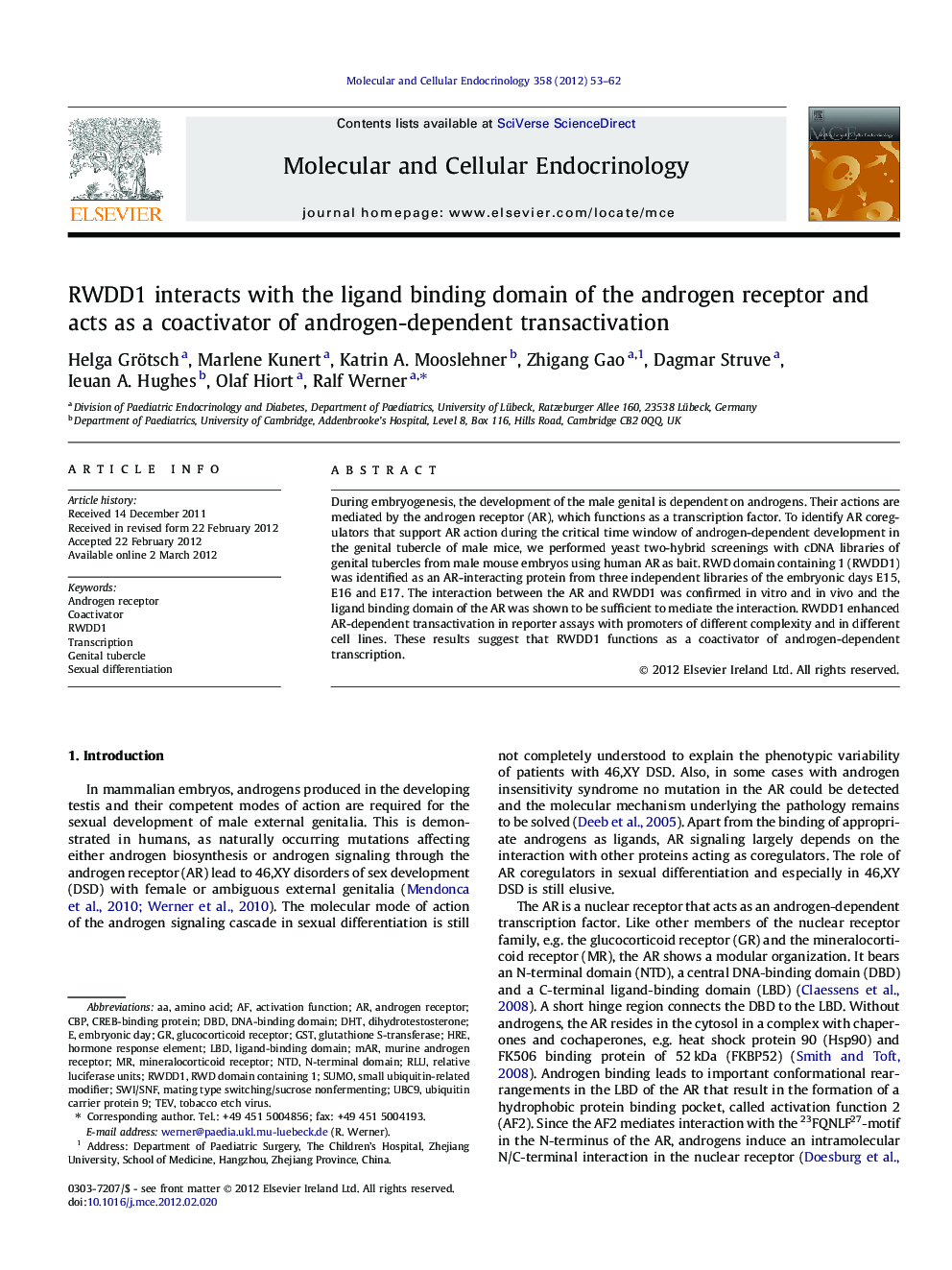 RWDD1 interacts with the ligand binding domain of the androgen receptor and acts as a coactivator of androgen-dependent transactivation