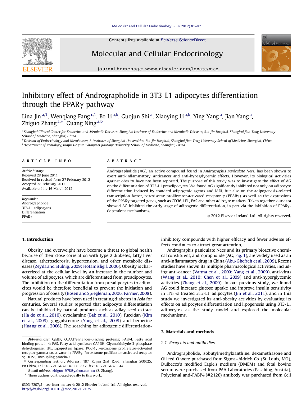 Inhibitory effect of Andrographolide in 3T3-L1 adipocytes differentiation through the PPARγ pathway