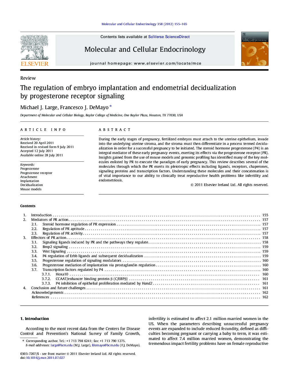 The regulation of embryo implantation and endometrial decidualization by progesterone receptor signaling