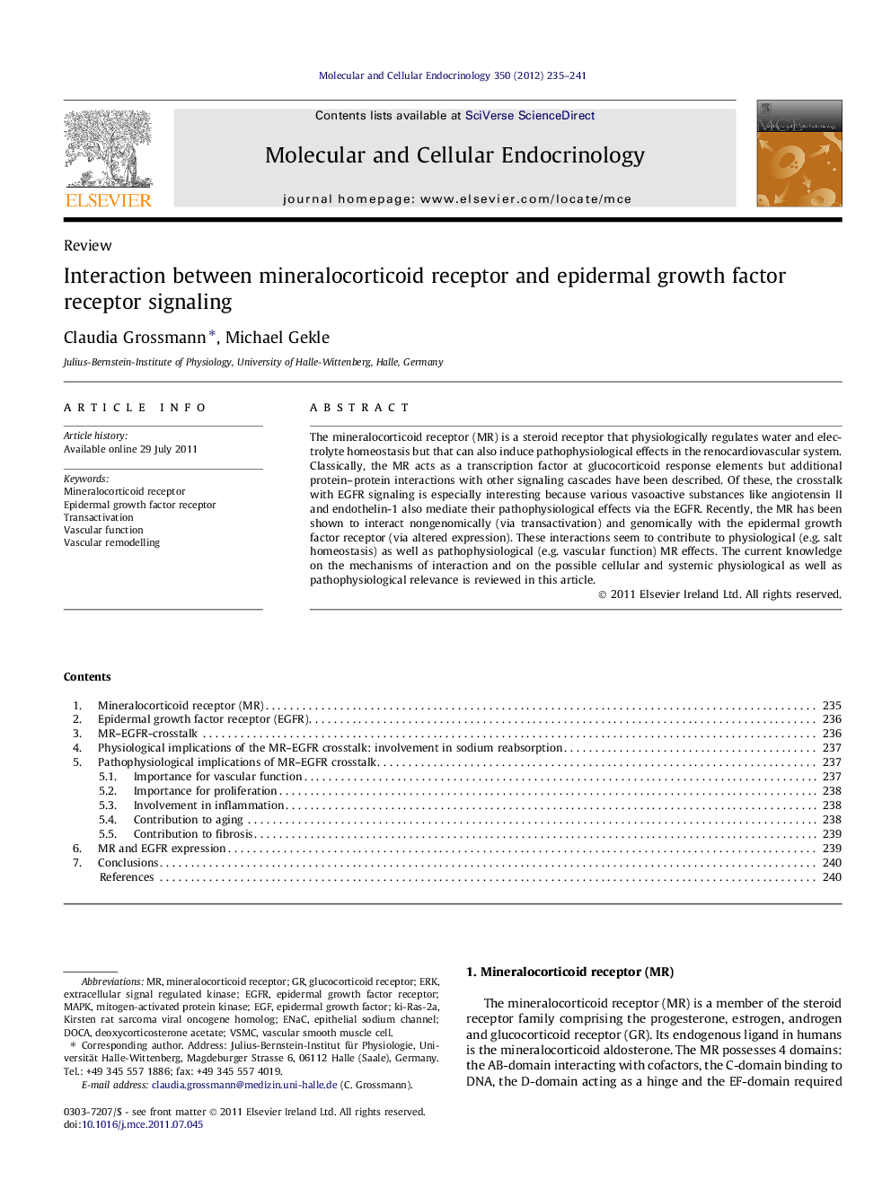 Interaction between mineralocorticoid receptor and epidermal growth factor receptor signaling