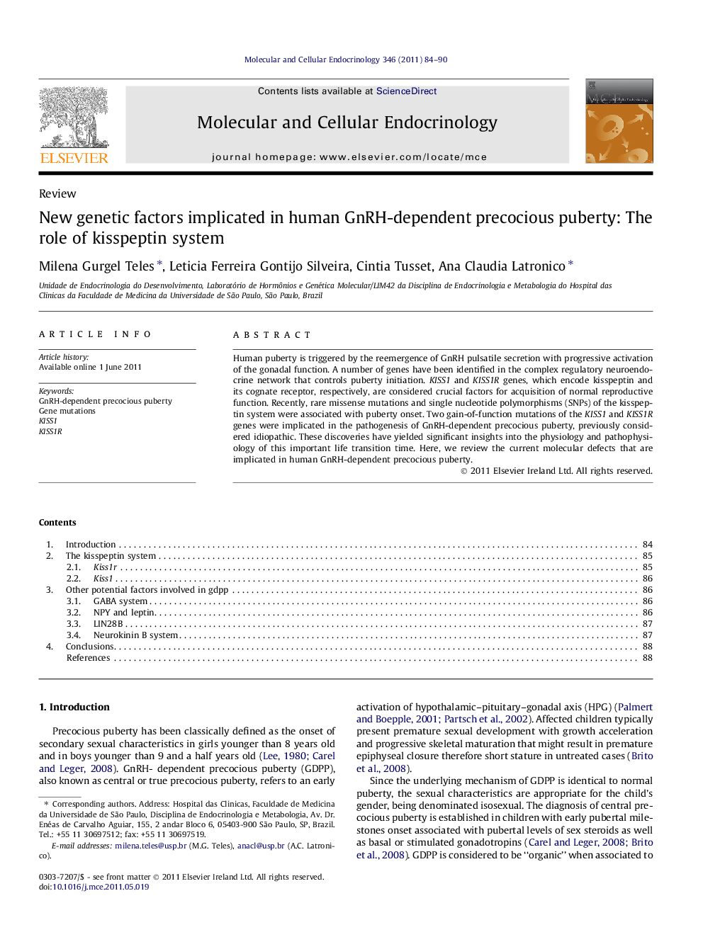 New genetic factors implicated in human GnRH-dependent precocious puberty: The role of kisspeptin system