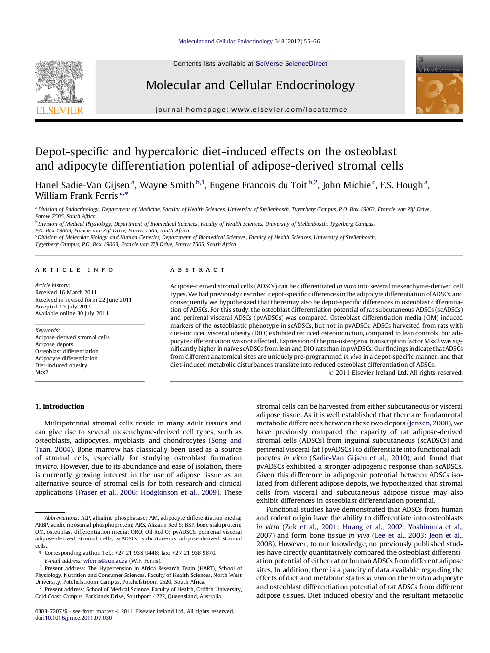 Depot-specific and hypercaloric diet-induced effects on the osteoblast and adipocyte differentiation potential of adipose-derived stromal cells