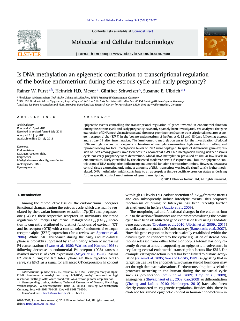 Is DNA methylation an epigenetic contribution to transcriptional regulation of the bovine endometrium during the estrous cycle and early pregnancy?