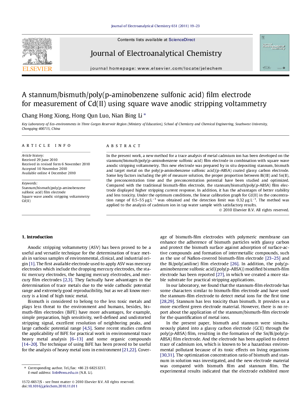 A stannum/bismuth/poly(p-aminobenzene sulfonic acid) film electrode for measurement of Cd(II) using square wave anodic stripping voltammetry