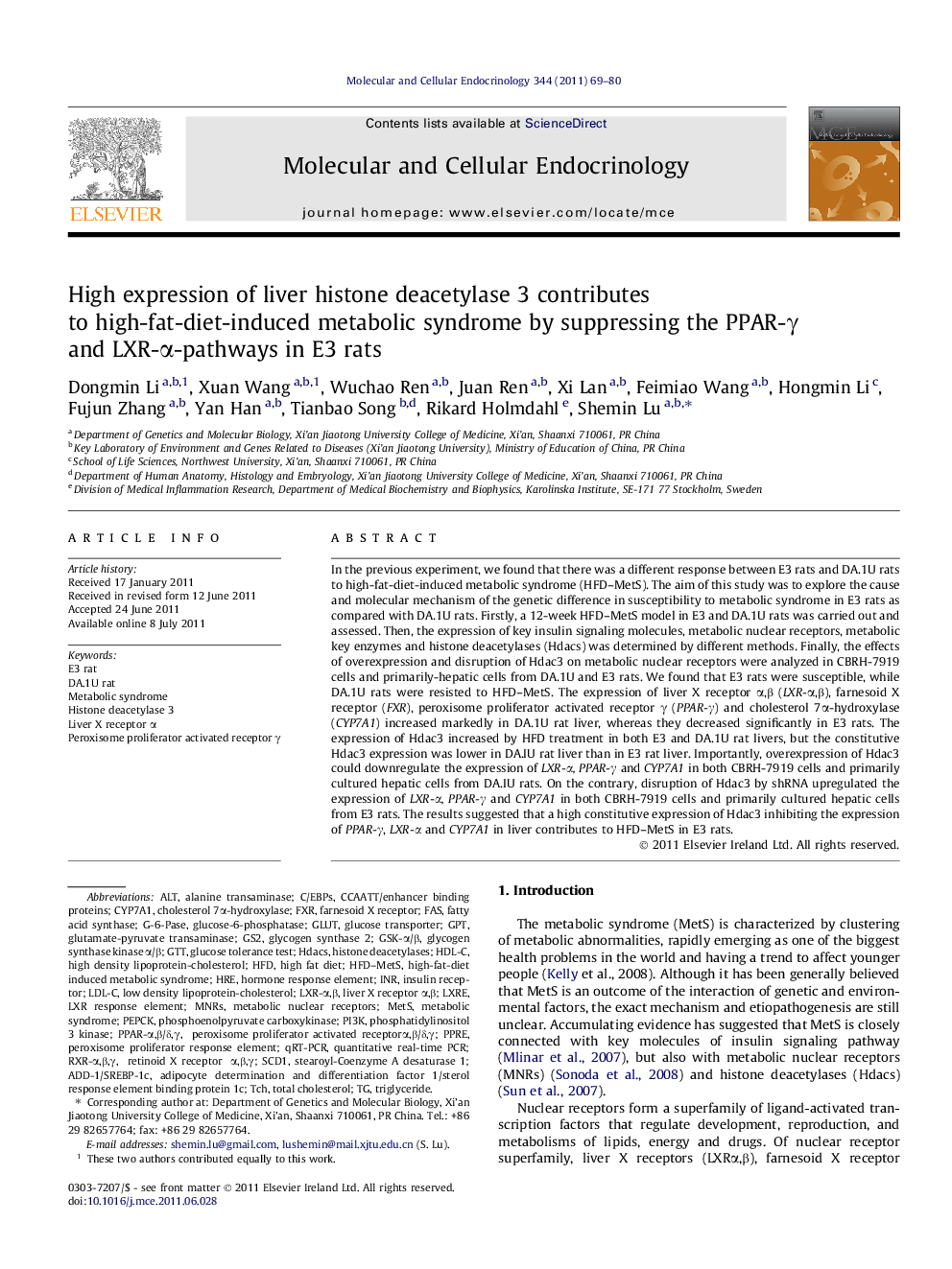 High expression of liver histone deacetylase 3 contributes to high-fat-diet-induced metabolic syndrome by suppressing the PPAR-γ and LXR-α-pathways in E3 rats