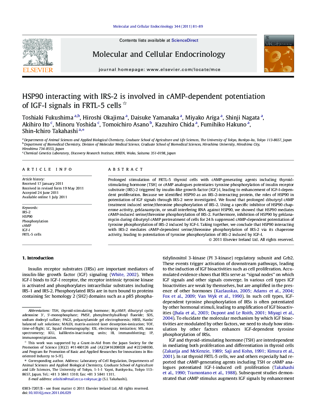 HSP90 interacting with IRS-2 is involved in cAMP-dependent potentiation of IGF-I signals in FRTL-5 cells 