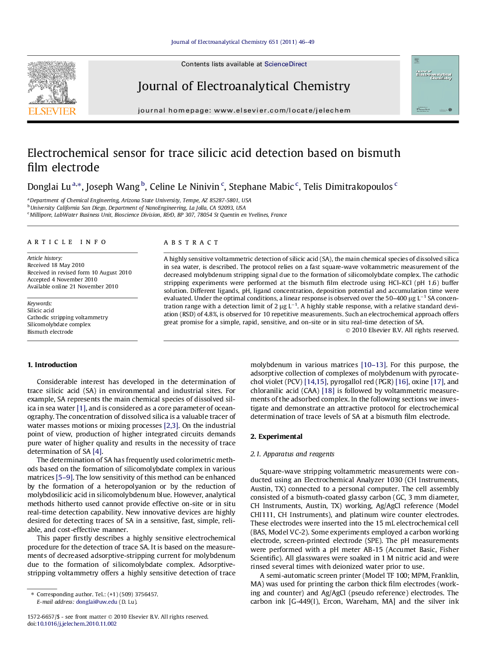 Electrochemical sensor for trace silicic acid detection based on bismuth film electrode