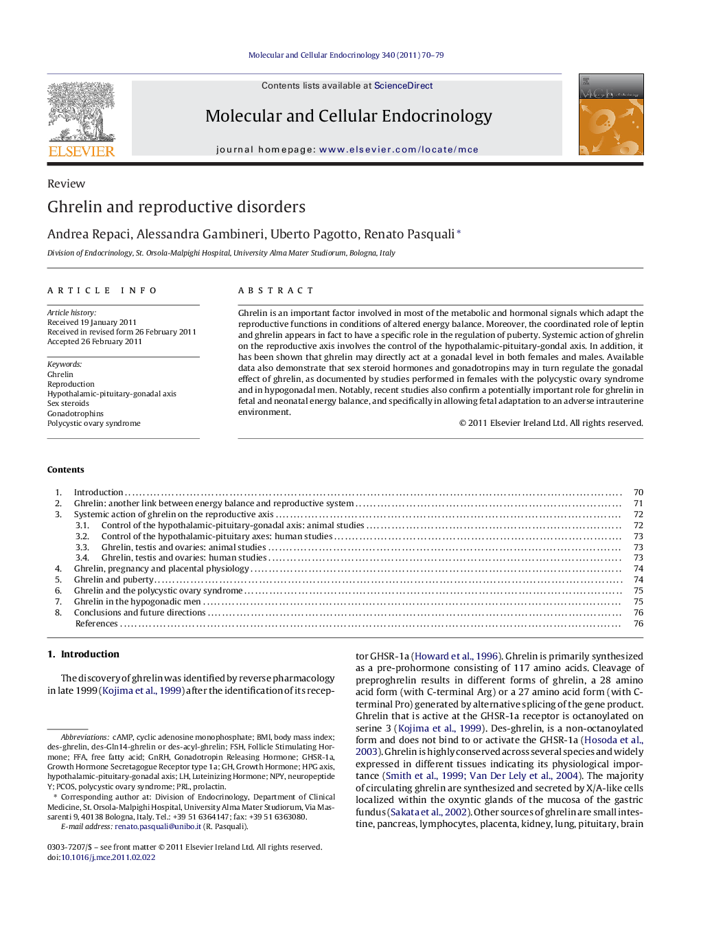 Ghrelin and reproductive disorders