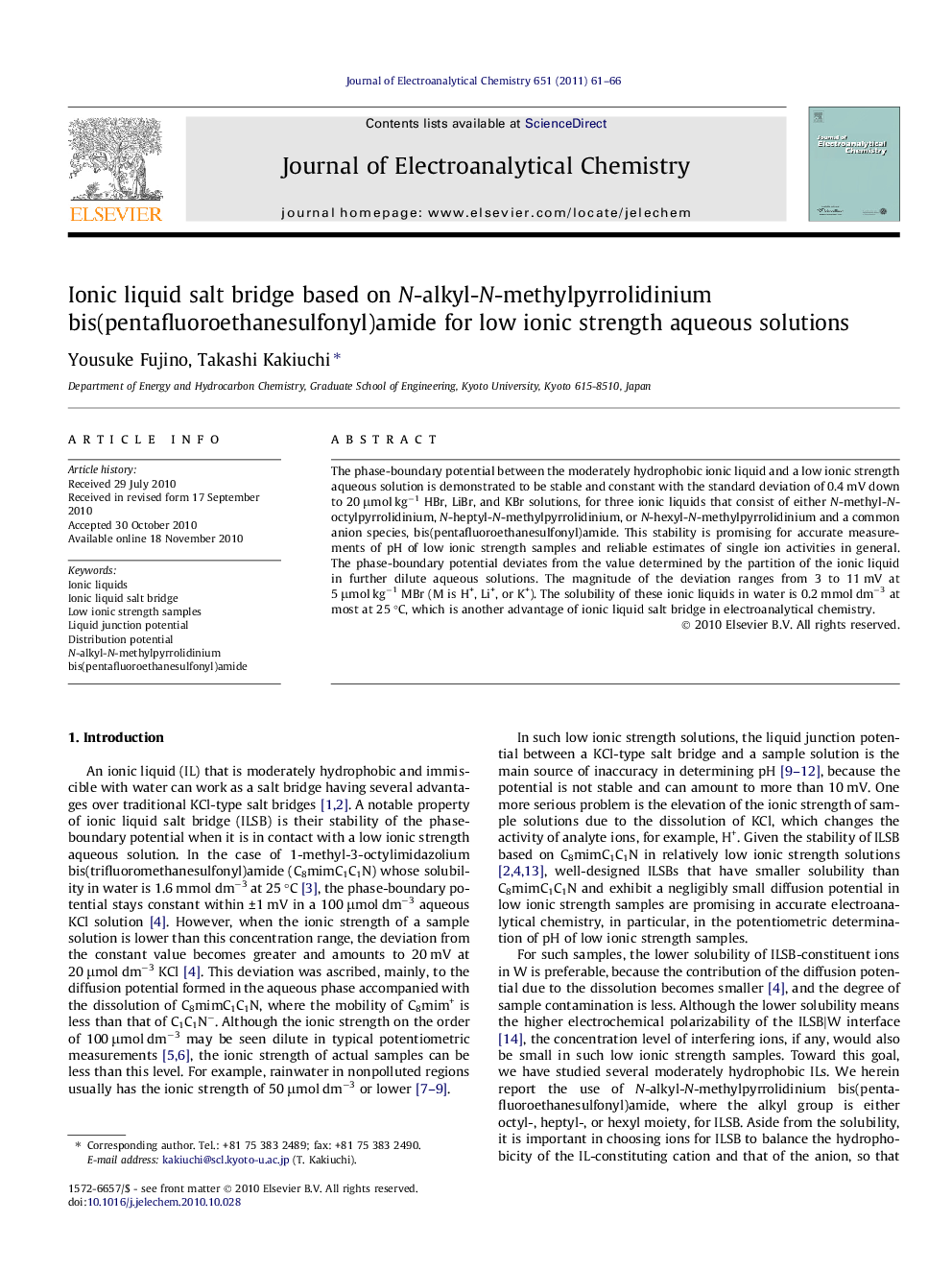 عکس صفحه اول مقاله: Ionic liquid salt bridge based on N-alkyl-N-methylpyrrolidinium bis(pentafluoroethanesulfonyl)amide for low ionic strength aqueous solutions Ionic liquid salt bridge based on N-alkyl-N-methylpyrrolidinium bis(pentafluoroethanesulfonyl)amide for low ionic strength aqueous solutions