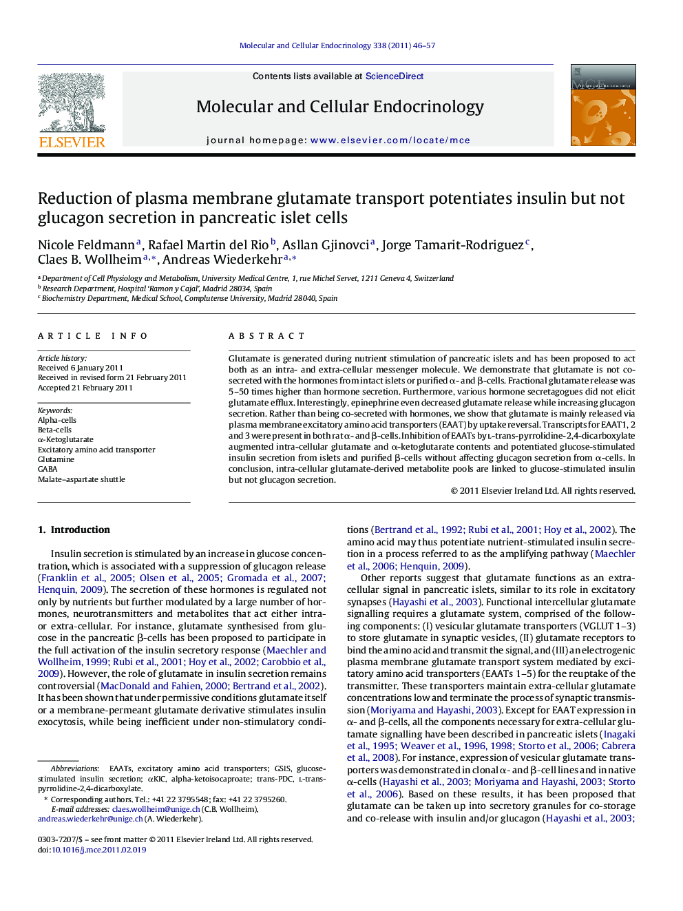 Reduction of plasma membrane glutamate transport potentiates insulin but not glucagon secretion in pancreatic islet cells