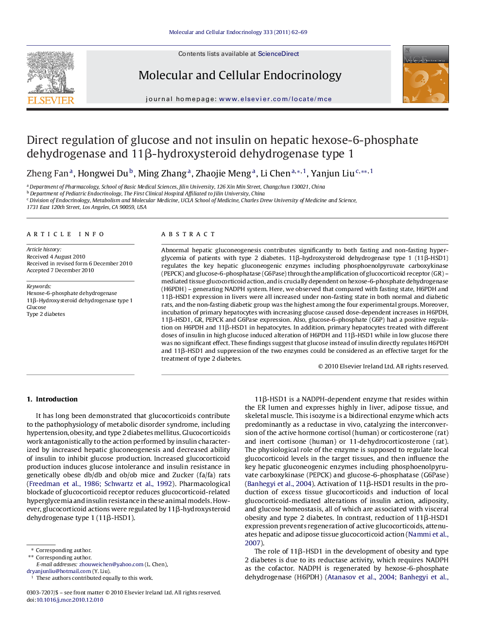 Direct regulation of glucose and not insulin on hepatic hexose-6-phosphate dehydrogenase and 11β-hydroxysteroid dehydrogenase type 1