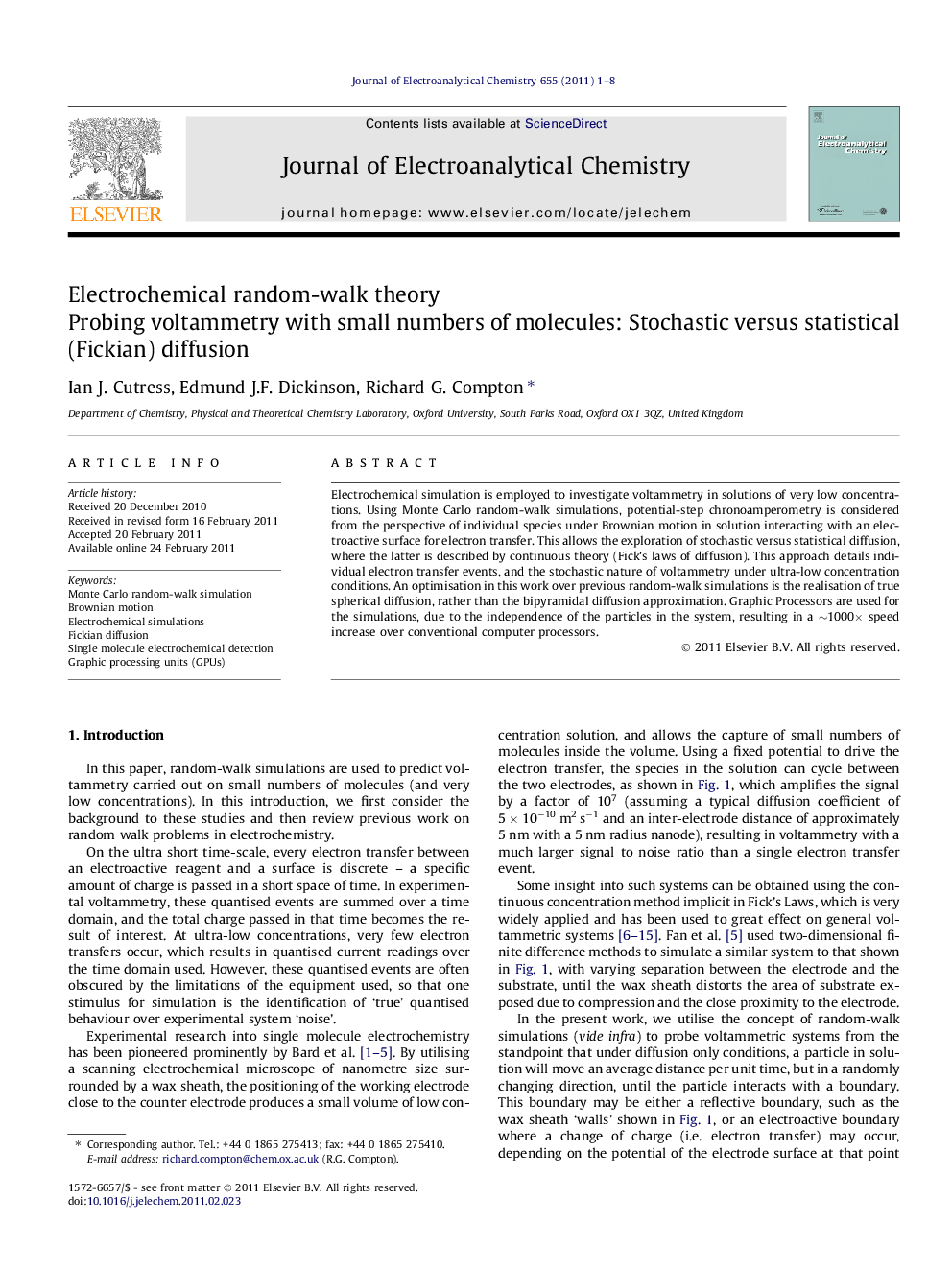 Electrochemical random-walk theory: Probing voltammetry with small numbers of molecules: Stochastic versus statistical (Fickian) diffusion