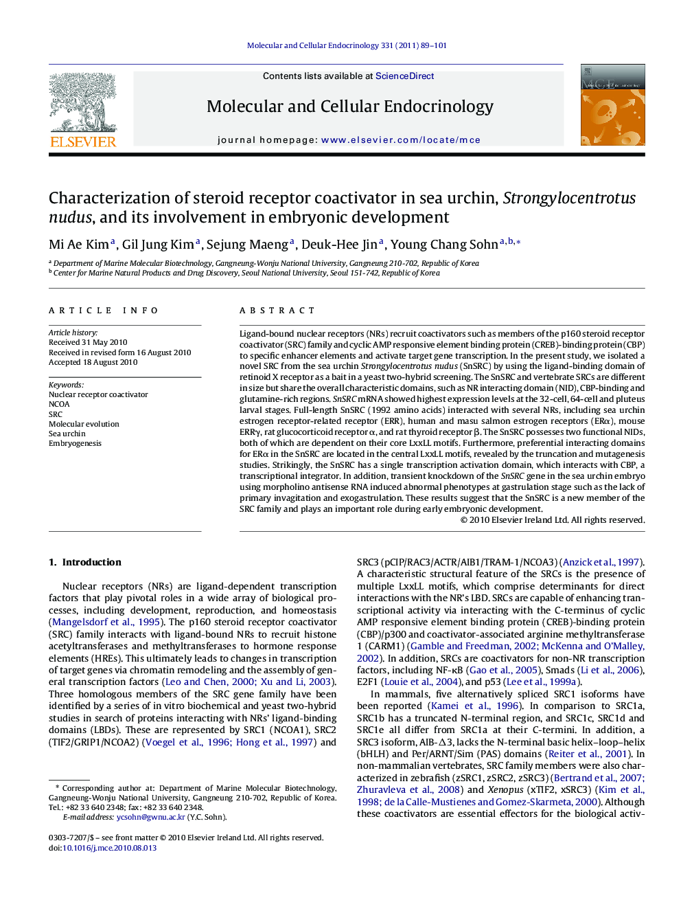 Characterization of steroid receptor coactivator in sea urchin, Strongylocentrotus nudus, and its involvement in embryonic development