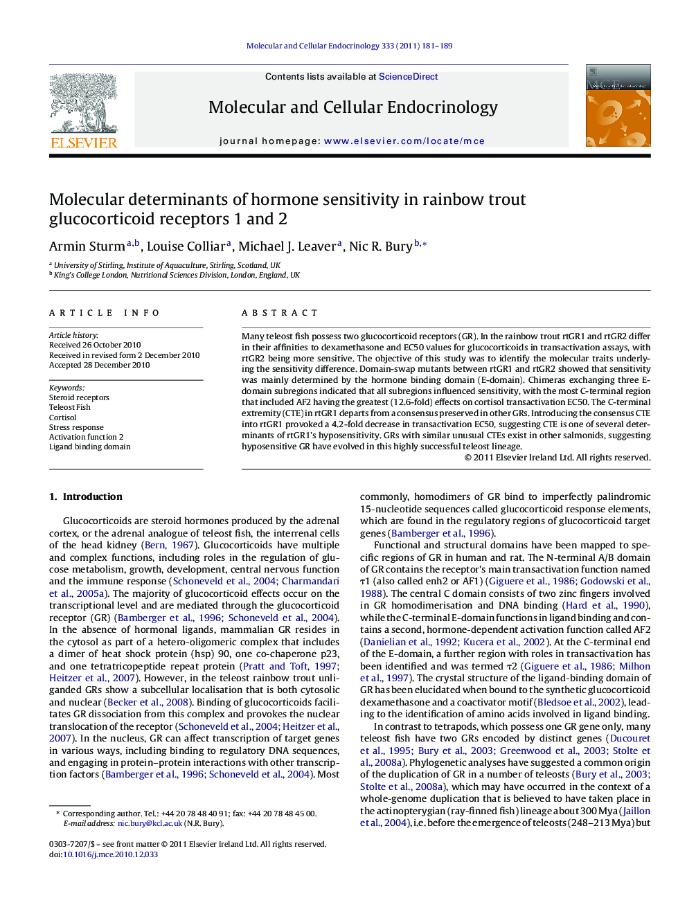 Molecular determinants of hormone sensitivity in rainbow trout glucocorticoid receptors 1 and 2