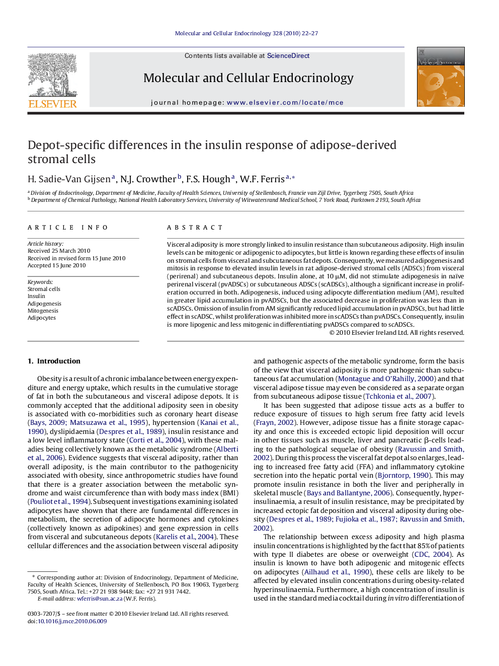 Depot-specific differences in the insulin response of adipose-derived stromal cells