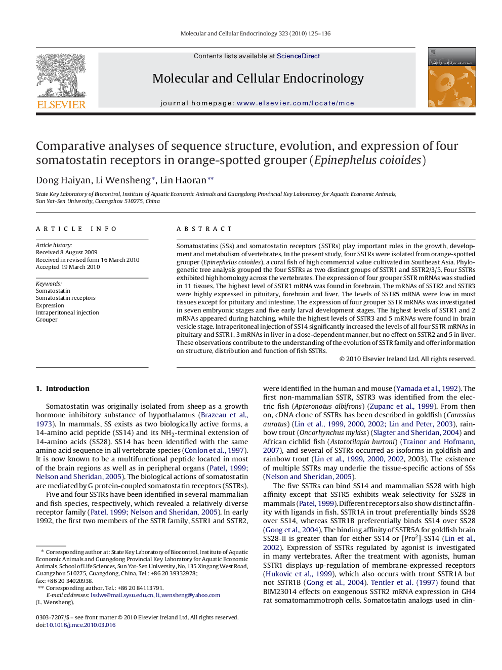 Comparative analyses of sequence structure, evolution, and expression of four somatostatin receptors in orange-spotted grouper (Epinephelus coioides)