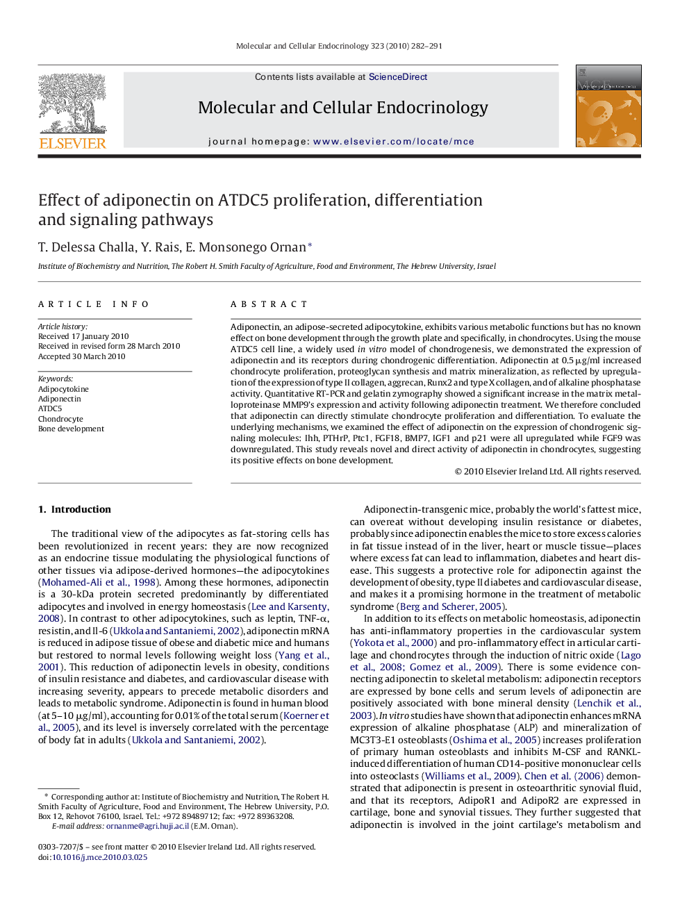 Effect of adiponectin on ATDC5 proliferation, differentiation and signaling pathways