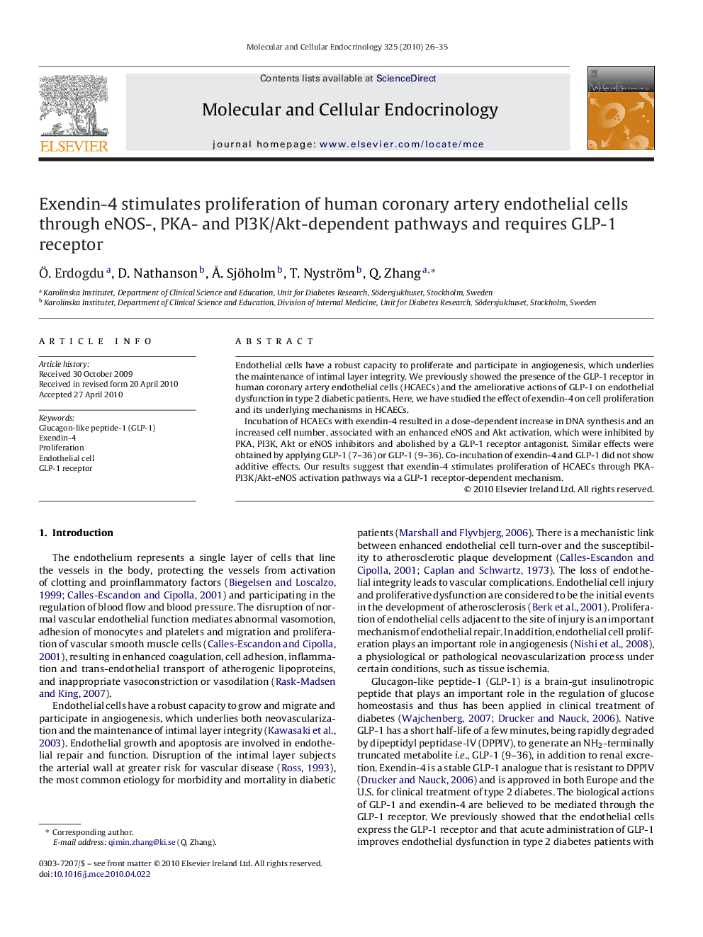 Exendin-4 stimulates proliferation of human coronary artery endothelial cells through eNOS-, PKA- and PI3K/Akt-dependent pathways and requires GLP-1 receptor