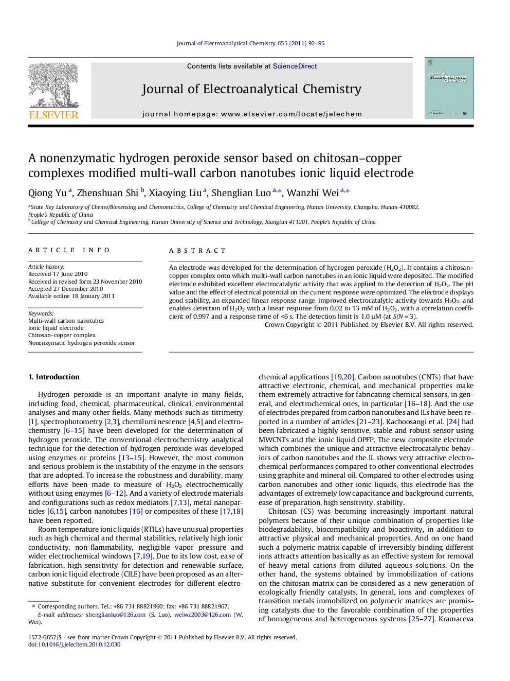 A nonenzymatic hydrogen peroxide sensor based on chitosan–copper complexes modified multi-wall carbon nanotubes ionic liquid electrode