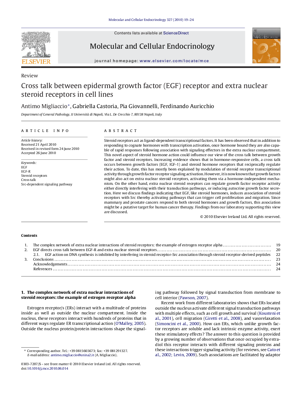 Cross talk between epidermal growth factor (EGF) receptor and extra nuclear steroid receptors in cell lines