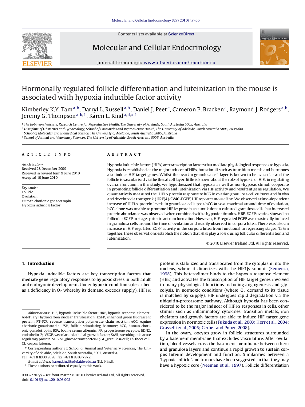 Hormonally regulated follicle differentiation and luteinization in the mouse is associated with hypoxia inducible factor activity